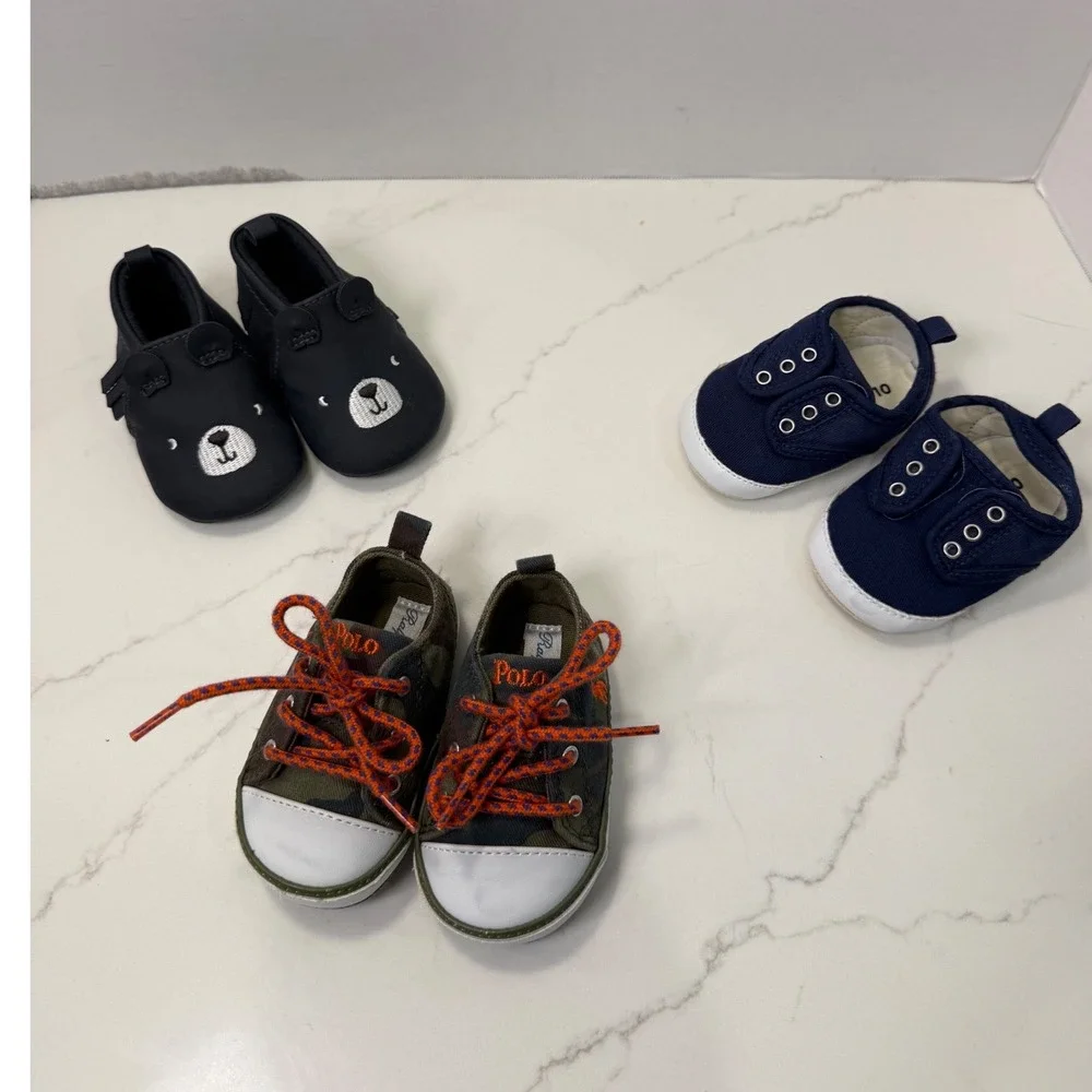 Baby Boy Shoe Bundle Ralph Lauren Camo Carters Bear Old Navy Navy Blue 0-6M 3 Pr